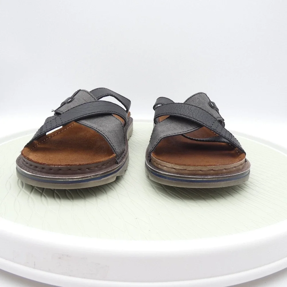 Inblu Buga Mens EUR 46 Summer Slippers Black Leather Cross Band Slip On Casual